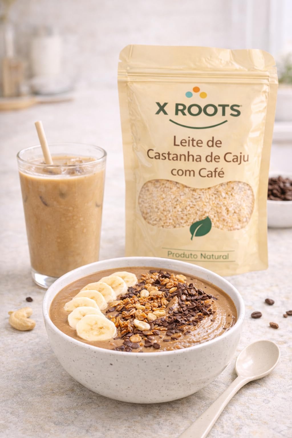 Leite de Castanha de Caju com Café em Pó X Roots