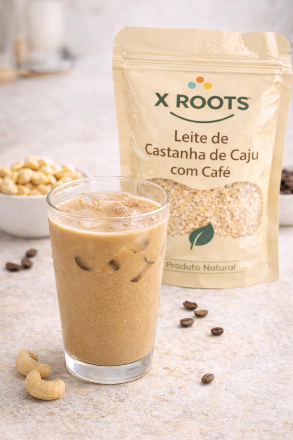 Leite de Castanha de Caju com Café em Pó X Roots