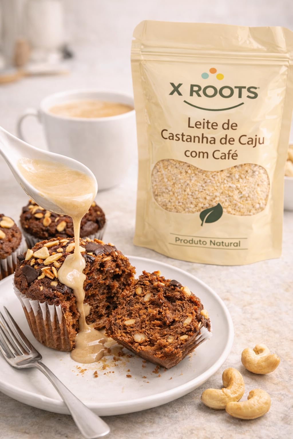 Leite de Castanha de Caju com Café em Pó X Roots