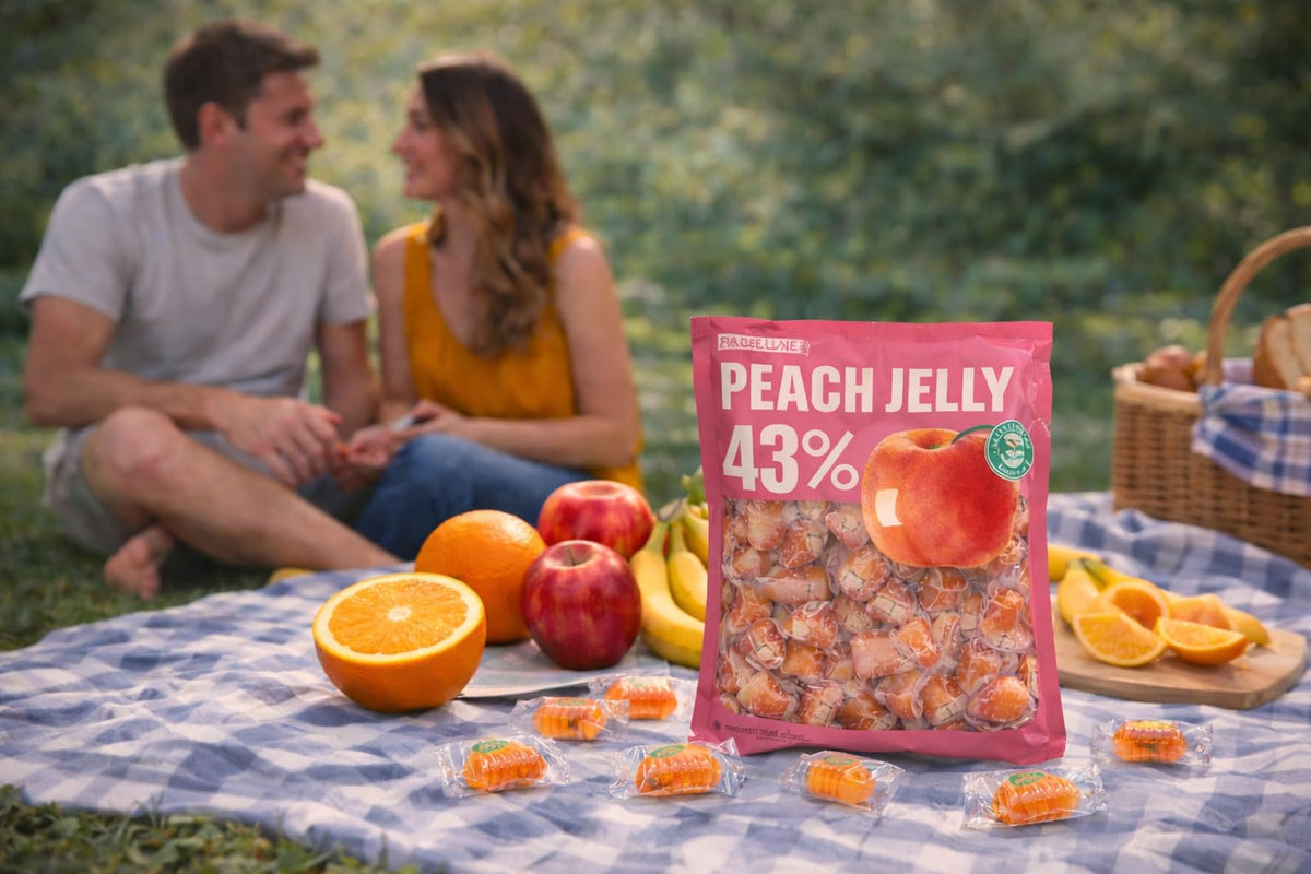 Bala de Goma de Pêssego 43% Suco da Fruta X Roots