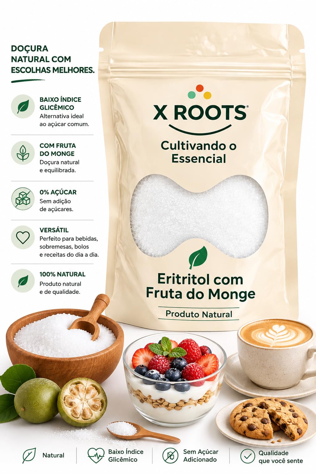 Adoçante Eritritol com Fruta do Monge Zero Kcal X Roots