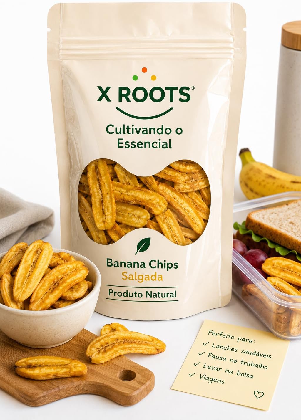 Banana Chips Salgada Crocante X-Roots – O Snack Prático